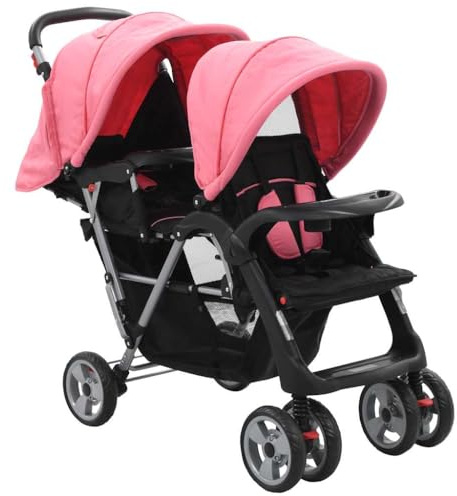 vidaXL Tandem-Kinderwagen Stahl Rosa und Schwarz