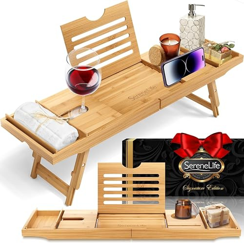 SereneLife Badewannenablage aus Bambus 2-in-1 als Bett Tablett – Ausziehbares Badewannenbrett 75–108 cm, höhenverstellbar, klappbar mit Stabiler Buch- und Tabletstütze, SPA Set