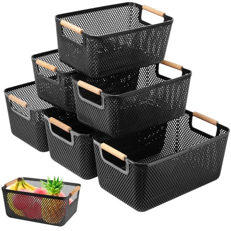 OSTWOLKE 6er-Set Aufbewahrungsbox, Aufbewahrungskorb Küche ohne Deckel | 3× große (35x22,5x16,2 cm) + 3× mittlere (30x20,4x14,2 cm) Kunststoff, Boxen Aufbewahrung mit Holzgriffen für Badezimmer