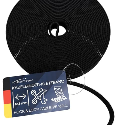 KabelDirekt – Klett-Kabelbinder Rolle 12,5mm – 10m – zuschneidbar | Zuschneidbares Klettband zum Kabelmanagement – wiederverwendbar, wasserfest & umweltfreundlich – 12,5mm breit, schwarz