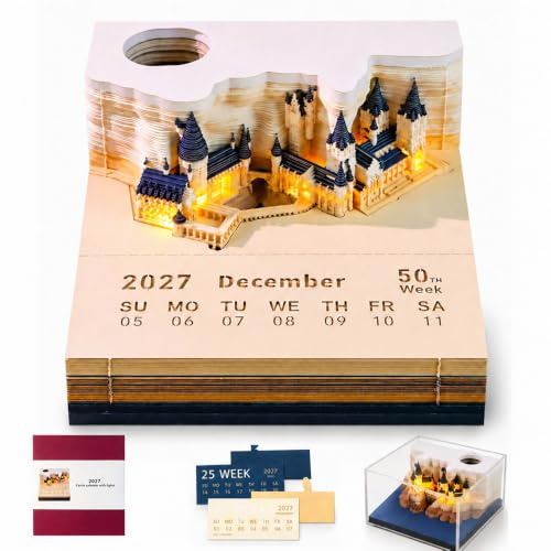 Rppiup 3D Kalender 2027, 3D Notizblock mit Licht und Stifthalter, 3D AbreißKalender 2027, Tischkalender-Notizblock, Kreative Magic Castle Haftnotizen, Papierskulptur Desktop Ornament für Büro Zuhause