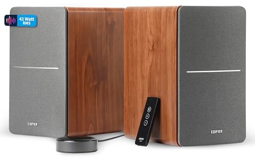 Edifier R1280T+WiiM Mini – WiFi-Aktivlautsprecher – 42W – Multiroom-Audio mit WiFi + Bluetooth – Hi-Res Audio 24Bit/96kHz – DSP-Klangregelung – Cinch, AUX, optischer Eingang – Fernbedienung