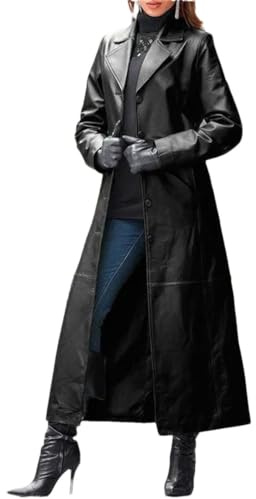 Suwequest Damen Revers Gürtelloser Ledermantel Langer Mantel Slim Leder Trenchcoat Mode Revers Einfarbig Jacke