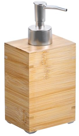 KESPER | Seifenspender mit Pumpe, Bambus, 8,5 × 6,5 × 12/18 cm | 19402 | Seife mit dem Pumpspender dosieren – Bambusakzent für Bad und Küche