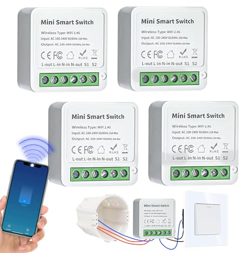 4 Stück Smart Lichtschalter Modul 2 Wege, Smart Life Schalter Kompatibel mit Tuya App, Alexa und Google Home, Mini DIY WLAN Schalter, Neutralleiter Erforderlich, Passt hinter Wandschalter