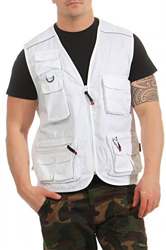 Mivaro Safari Weste Herren Weiß - leichte Funktionsweste mit Reißverschluss - viele Taschen - Arbeitsweste Sommerweste Anglerweste taktische Outdoor Weste Unisex Werkzeugweste Größe L