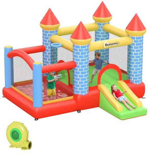 Outsunny Hüpfburg mit Gebläse Aufblasbare Kinderhüpfburg 280 x 260 x 210 cm | Für Kinder 3-8 Jahre, Spielburg mit Rutsche Basketballkorb Trampolin Pool Planschbecken, Spielplatz für Indoor und Outdoor