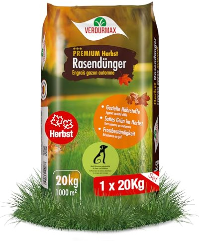 20 kg VERDURMAX® Premium Herbst-Rasendünger für 1000m² – 100% vegan, NK-Dünger 7+18 (+14+2+25), winterfest & frostresistent, staubfreies Granulat