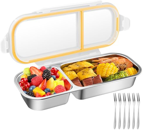 Snackbox mit 2 Fächern, Bento-Snack-Behälter mit Auslaufsicheren Deckeln, Snackteller aus Edelstahl, Wiederverwendbar Unterteilte Snackdose für Süßigkeiten Gewürze Nüsse Keksen und Gemüse Lunchbox
