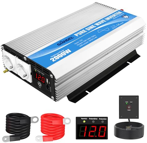 GIANDEL 2000W Wechselrichter 12V auf 230V Reiner Sinus Spannungswandler | Kompatibel Lithium-Batterie, Für Wohnmobil, LKW, Zuhause, Off-Grid Solarstrom Umwandler-Inverter mit LED-Anzeige