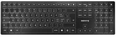 CHERRY KW 9100 Slim, Kabellose Tastatur, Schweiz QWERTZ, Schwarz-Grau | Wireless Verbindung über Bluetooth oder 2,4 GHz Funk mit USB-Dongle, Flaches Design, Leise, 6 Zusatztasten, Wiederaufladbar
