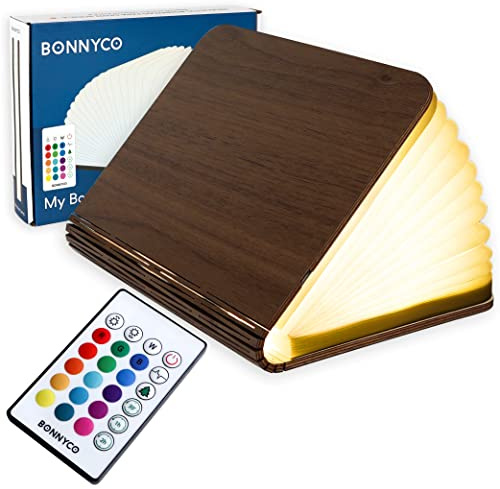 BONNYCO Buchlampe Holz mit Farbwechsel 16 Farben, Fernbedienung und Timer | LED Buchlampe, Ideal als Geschenk für Frauen und Männer. Lampe für Deko Wohnzimmer, Schlafzimmer zum Geburtstag Weihnachten