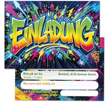Junaversum 12 Einladungskarten zum Kindergeburtstag Mädchen Junge Kinder Graffiti coole bunte Einladungen Geburtstag Geburtstagseinladungen Kids