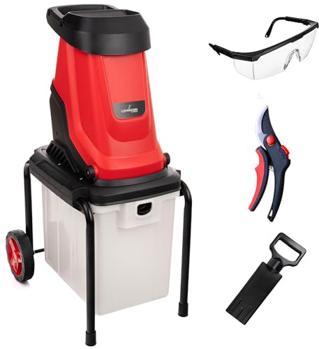 LEHMANN Elektro Gartenhäcksler, 3000 W, Messerhäcksler für Äste bis 45 mm, Laubhäcksler mit robustem Fahrgestell, Rädern und 50 L Fangbox, Holzhäcksler mit Zubehör, Sicherheitsschalter, Rot