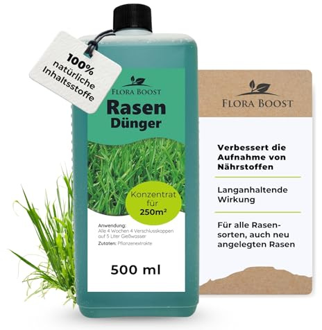 Flora Boost Rasendünger Flora Boost 500ml I Für 250m² Rasenfläche I Starterdünger für alle Rasen Sorten geeignet I Flüssigdünger für grünen Rasen I 100% natürlicher Pflanzendünger