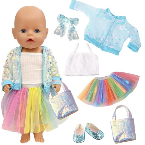 6 Stück Puppenkleidung für 36-43cm Newborn Baby Puppen, 6 Stück Puppen Kleidung Outfits Kleid Leibchen Paillettenjacke Stirnband Schuhe Tasche für 14-17 Zoll Baby Puppen Zubehör, Geschenke für Mädchen