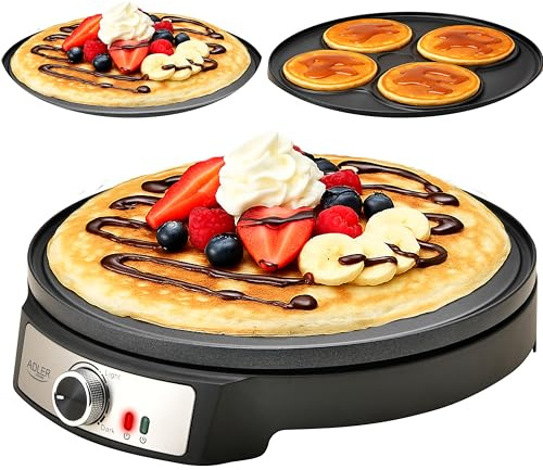 Adler Crêpe Maker [Ø 30cm] elektrisch mit Teigverteiler & Wender | Pfannkuchen Maker Platte mit Antihaftbeschichtung + stufenloser Temperaturregelung | 1600W Pancake Maker mit Edelstahlgehäuse