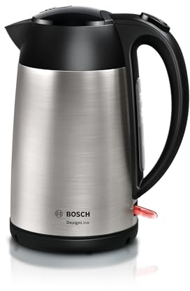 Bosch kabelloser Wasserkocher DesignLine TWK3P420, Ausgießen ohne Spritzer, Tassenanzeige, Überhitzungsschutz, 1,7 L, 2400 W, Edelstahl/schwarz