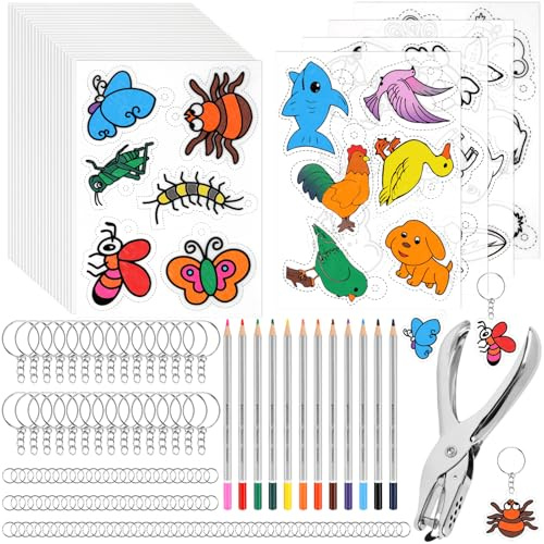 Hopton Schrumpffolie Set, 25 Blätter Schrumpffolie zum Basteln mit Buntstifte, Schlüsselbundzubehör und Locher, Shrink Plastic für Kinder DIY Handwerk Dekorationen