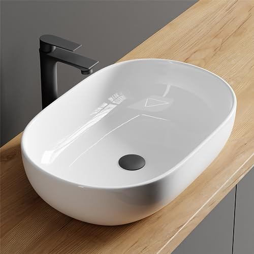 Planetmöbel Aquil Deluxe Waschbecken Oval, Aufsatzwaschbecken | Badezimmer und Gäste-WC, Handwaschbecken ohne Hahnloch und Überlauf, weiß, 60 x 40 x15 cm