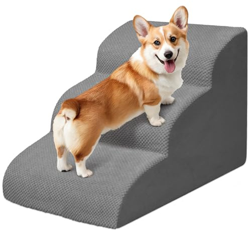 Niubya Hundetreppe für Kleine Hunde, H40 cm, für Katzentreppe Hundetreppe Bett und Sofa, ältere und verletzte Haustiere, mit waschbarem Bezug und hochdichtem Schaumstoff (Grau, 3 Stufen)