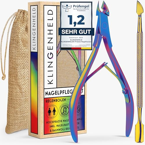 KLINGENHELD® Präzise Nagelhautzange inkl. 1 Nagelhautschieber - Sehr leichtgängig & extra scharf - inkl. Reise-Etui aus Baumwolle 100% plastikfrei & nachhaltig - Nagelhautschere (Rainbow)
