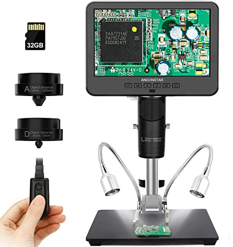 Andonstar AD246-M Digitales Mikroskop, digital Mikroskop mit 3 Linsen, 1080P FHD-Videoaufzeichnung, 7-Zoll-LCD 500x, Lötmikroskop, biologisches Mikroskop-Kit mit 32G-Karte, vorbereitete Objektträger