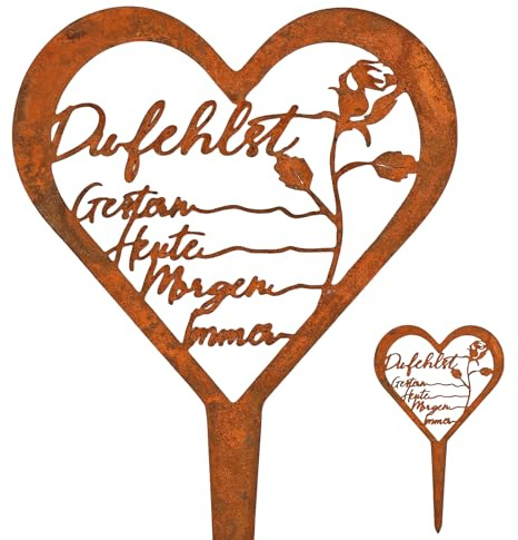 YYTECH Grabstecker Herz Trauerdekoration Der Grabstecker mit Spruch,Du fehlst, GesternHeute, Morgen, Immer und Einer Rose Metall Stahl Rost Grabschmuck Grabdekoration (Rose)