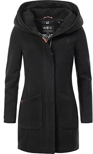 MARIKOO Damen Mantel in Wollmantel-Optik warmer Trenchcoat mit Kapuze Maikoo Schwarz Gr. L