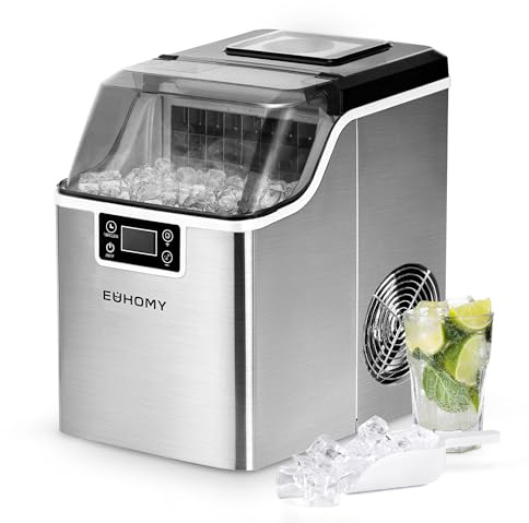 EUHOMY Eiswürfelmaschine Edelstahl, 24 Eiswürfel in 13 Minuten, 24kg/24H Eiswürfelmaschine gastro, selbstreinigender 3,2L Eisbereiter mit Eisschaufel und Korb für Zuhause/Küche/Büro/Bar/RV