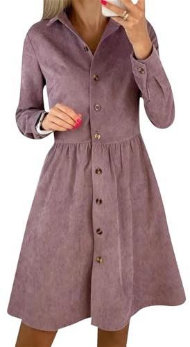Yming Damen Casual Langarm Single Breasted Kleid Shirt Cord High Waist Midi Kleid