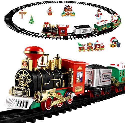 Toyvian Weihnachts Eisenbahn Spielset, Batteriebetriebene Lokomotive mit Lichtern Geräuschen Elektronisches Spielzeug für Kinder Einfach zu Montieren Weihnachtsdekoration