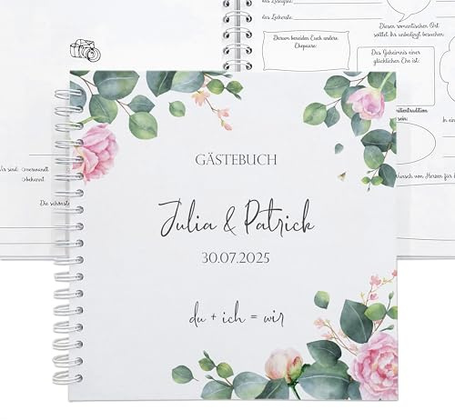 Feenstaub Gästebuch mit Fragen Rosenhochzeit, Ringbuch personalisiert mit Spiralbindung, 25x25 cm, rosa Hochzeitsgästebuch zum Ausfüllen, für 30|45|60 Gäste