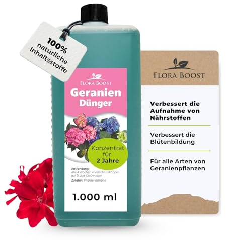 Konfitee Geranien Dünger Flora Boost 1000ml I Für bis zu 200L Gießwasser I Blumendünger für Balkon- & Gartenpflanzen I Flüssiger Blatt- & Wurzeldünger I 100% natürlicher Pflanzendünger