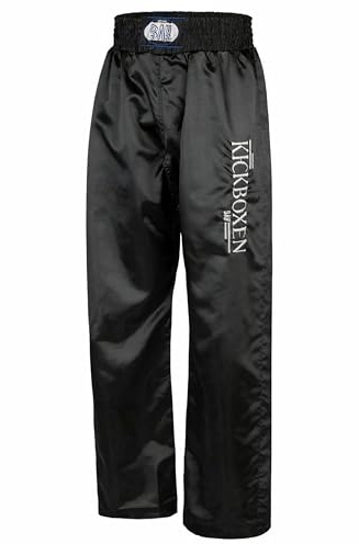 BAY Edel Stick Kickboxhose Kampfsporthose Schwarz lang Polyester gestickter Schriftzug Kickboxen Erwachsene Damen Herren Kinder Jungen Mädchen Größe S (160)