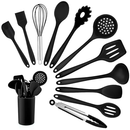 Homikit Silikon Küchenhelfer Set, 12 Stück Schwarz Kochutensilien Kochgeschirr, Hitzebeständiger Kochbesteck Set mit Utensilienhalter, Gesund & Antihaft, Spülmaschinengeeignet