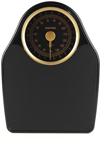 Salter 145 GFEU16 Personenwaage mechanisch - Analoge Körperwaage, Badezimmerwaage, max 150kg, Rutschfest, einfach ablesbare Anzeige, keine Batterien Waage, Genaues Wiegen, schwarz/gold