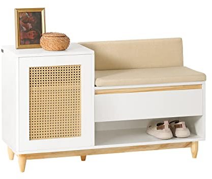SoBuy Schuhbank mit Gitteroptik Sitzbank mit Stauraum Dielenbank Schuhtruhe Sitzkommode für Kinder Schuhregal schmal Weiß-Natur 100x60x35cm FSR128-W