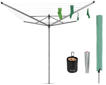 Brabantia Lift-O-Matic Wäschespinne, Metallic Grey, 50 m | Mit Bodenanker, Schutzhülle & Wäscheklammerbeutel, höhenverstellbar (129 - 187 cm), UV-beständig, Ø 295 cm, Metallic Grey