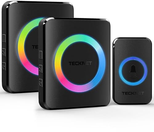 TECKNET Funkklingel, Kabellose Türklingel Funk Set 400m Reichweite, IP65 Aussen Wasserdicht Haustür Klingel mit 2 Plug-In-Empfänger und 1 Sender, Ring doorbell und Klingelknopf Mit LED-Blitz
