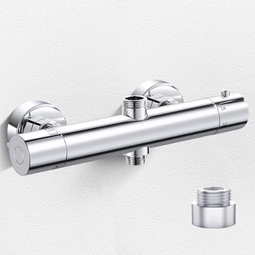 Duscharmatur mit Thermostat 2 Auslässen Duschthermostat Aufputz, Messing | Mischbatterie Dusche Thermostat Duscharmatur Oben 3/4BSP+unten 1/2BSP mit 38°C Sicherheitstaste Armatur Dusche 2 Wege Chrom