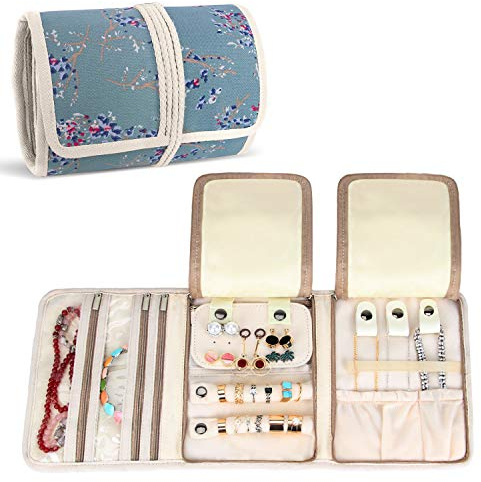Teamoy Schmuckrolle, Reise Schmuck Organizer für Halsketten, Ohrringe, Armbänder, Broschen und mehr, Schmuckverpackung mit verschiedenen Abteilungen, Pflaumenblumen