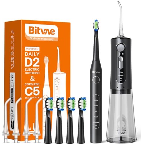 Bitvae Munddusche und Elektrische Zahnbürsten Kombination, 3 Modi & 5 Druckstufen Munddusche Kabellos mit 5 Modi Schallzahnbürste, Inklusive 4 Zahnbürstenköpfen und 4 Jet-Tipps, ElegantBlack