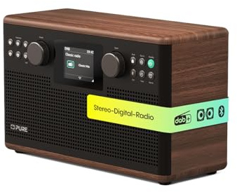Pure Classic H6 Hi‑Fi Stereo‑Radio und Tisch‑Musikanlage mit DAB+ UKW Bluetooth 5.3 USB‑A & AUX 2,4 Farb‑TFT Fernbedienung Dual‑Wecker Schlaf‑ & Küchen‑Timer 2×15 W 80 Speicher – Kaffeebraun/Walnuss