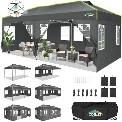 COBIZI Faltpavillon 3x6 Pavillon wasserdicht Winterfest, EIN-Tasten-Zentralverriegelung Partyzelt Faltbar Anti-UV mit Fluoreszierenden Streifen, 6 Seitenwänden, Gartenpavillon für Hochzeiten, Freien