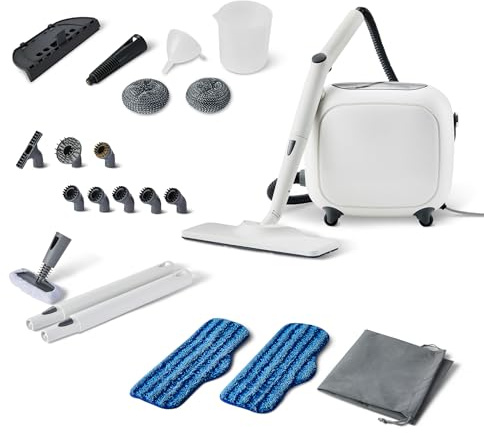 Amazon Basics Mehrzweck-Dampfreiniger, 1500W, 1,5-l-Tank, 22 Zubehörteile, 5,5-m-Kabel, für Haushalt mit Haustieren, Weiß