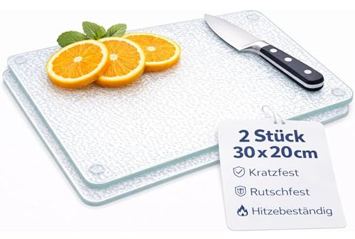 getgastro 2-er Set Schneidebrett Glas 30x20, Rutschfest mit Füße, Glasschneidebrett ohne Mikroplastik, hygienisches Küchen-brett, kratzfeste & hitzebeständige Oberfläche