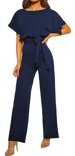 Coloody Damen Lang Jumpsuit Overall Hosenanzug Elegant Romper Kurzarm Rundhals Playsuit mit Gürtel Hosenanzug Breite Weites Bein Overall Blue XL
