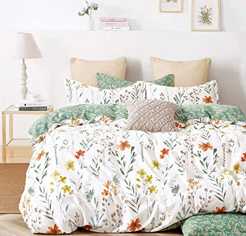 Lanqinglv Bettwäsche 135x200 cm Grün Weiß Blätter Blumen Muster Pflanzen Wende Bettwäsche Set Bunt Microfaser Allergiker Bettwäsche mit Reißverschluss und Kissenbezug 80x80 cm