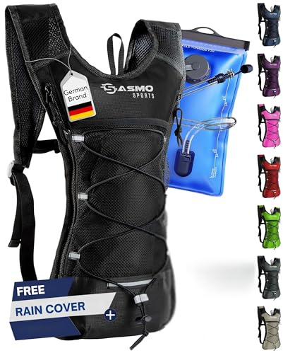 SASMO® Trinkrucksack (Schwarz) mit Thermofach | Trinkrucksack Laufen - Ultraleicht 300g & 6L | Laufrucksack mit Trinkblase 2l, BPA-Frei | Rucksack mit Trinkblase & Reflektoren | Laufen, Fahrradfahren